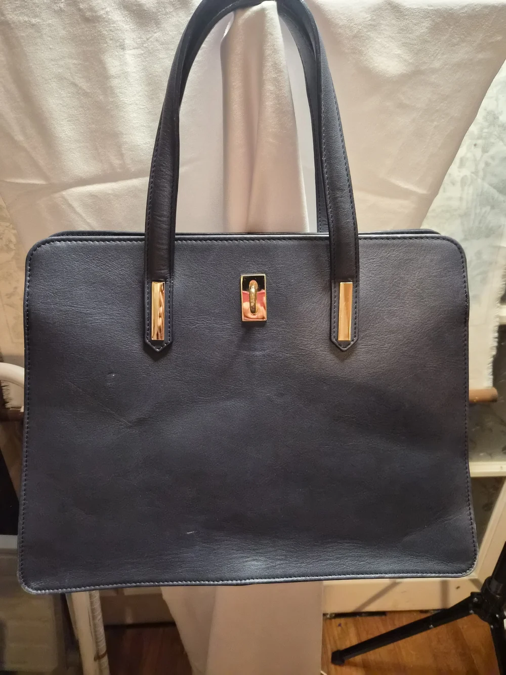 Italian Vera Pelle Genuine Leather Navy Satchel Tote Purse Gold Hardware
